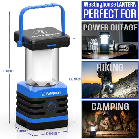 Go-To Solar Rechargeable Lantern For Camping And Hiking, 1000 Lumen LED Light with 5 Modes shown in various outdoor uses.