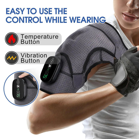 Cordless Shoulder Heating Pad With Vibration Massage worn by person, showing temperature and vibration control buttons.