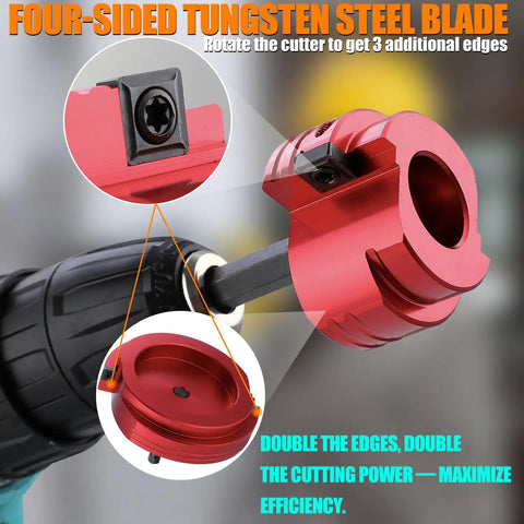 Close-up of Dual Blade PVC Pipe Reamer Kit with tungsten steel blades attached to drill