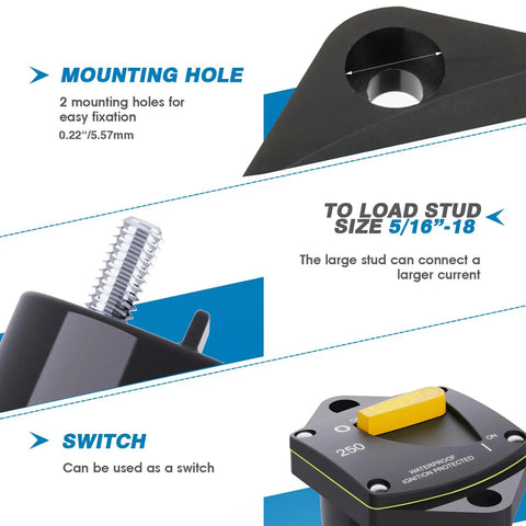 Built Damn Tough Manual Reset Circuit Breaker Switch 300 Amp Waterproof Panel Mount showing mounting hole and switch details.