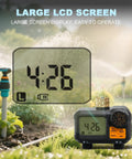Water Timer For Garden Hose Two Outlet Sprinkler System With Brass Swivel Rain Delay on grass with large LCD screen