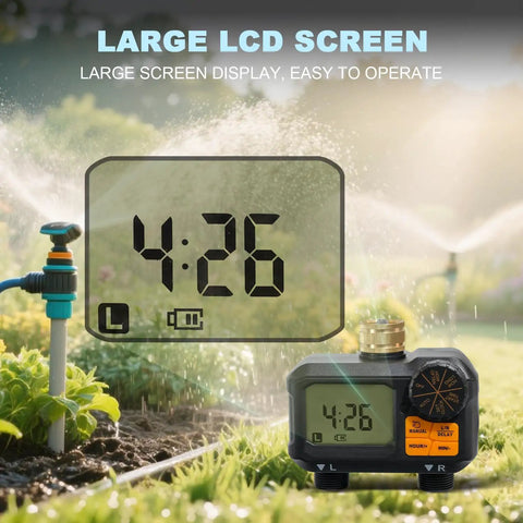 Water Timer For Garden Hose Two Outlet Sprinkler System With Brass Swivel Rain Delay on grass with large LCD screen
