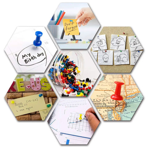 Top Shelf Bulk Push Pins For Bulletin Boards And Cork Walls, Sharp Steel Thumb Tacks With Easy Grip Heads, Multicolor push pins used for organizing notes and documents.