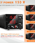 Variable DC Power Supply 0-30V 0-10A, 150W Bench Power Supply With Encoder And 3-Digit LED Display showing 15V 10A