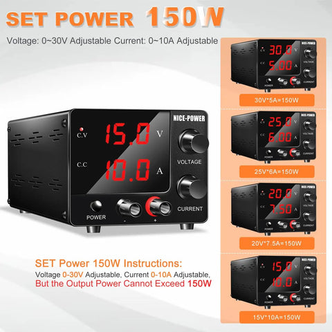 Variable DC Power Supply 0-30V 0-10A, 150W Bench Power Supply With Encoder And 3-Digit LED Display showing 15V 10A