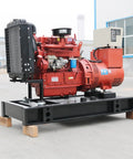 Job Site Ready Portable Generator Set For Temporary Outdoor Power And Commercial Backup Electric Supply With Slick Plug And Play Setup And Hella Tough Build You Can Trust, side view of heavy-duty generator on black base.