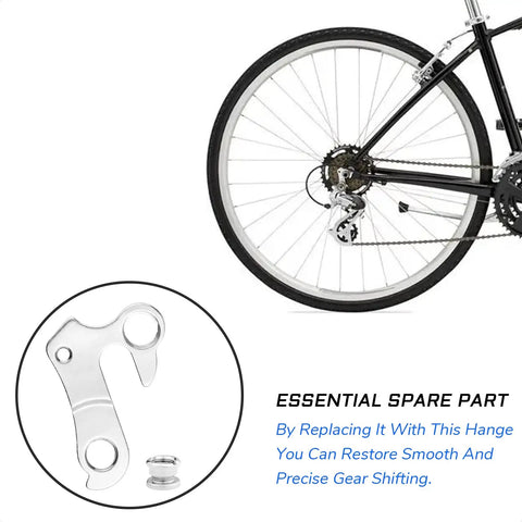 Derailleur Hanger Replacement for Giant and Kona Mountain Bikes next to rear wheel showcasing silver part and screws for precise shifting
