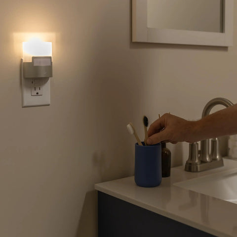 Led Motion Sensor Night Light Plug In Wall 40 Lumens Soft White UL Certified Energy Efficient Nightlight near bathroom sink