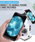 Kid Friendly Classroom Ready Compound Binocular Microscope 40X To 2000X With 30 Prepared Slides For Kids Students And Adults, All In One Microscope Accessories With Wire Camera Shutter, Lab Grade Quality CX1012 with mobile phone connection for viewing samples.