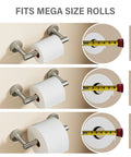 Brushed Nickel Toilet Paper Holder With Pivoting Double Post Wall Mount For Mega Jumbo Rolls Heavy Duty Stainless Steel Commercial Bathroom Dispenser For Home And Office Use Easy Install showing different roll sizes.