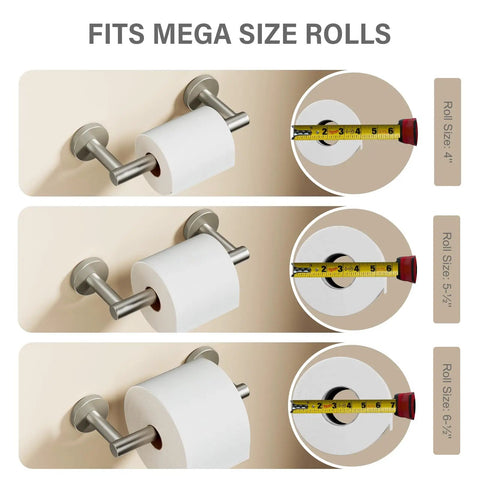 Brushed Nickel Toilet Paper Holder With Pivoting Double Post Wall Mount For Mega Jumbo Rolls Heavy Duty Stainless Steel Commercial Bathroom Dispenser For Home And Office Use Easy Install showing different roll sizes.