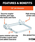Diagram showing features of 1/4-inch coupler pin with zinc-plated finish, high-strength carbon steel, for trailer couplers, jacks, pintle hooks.