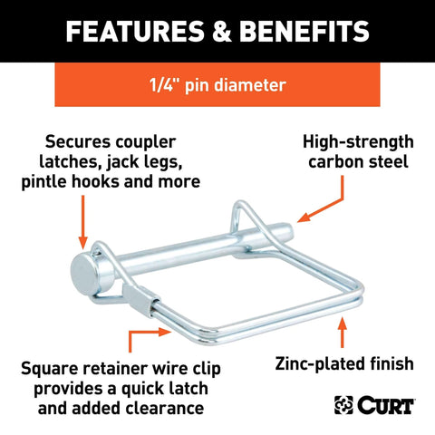Diagram showing features of 1/4-inch coupler pin with zinc-plated finish, high-strength carbon steel, for trailer couplers, jacks, pintle hooks.