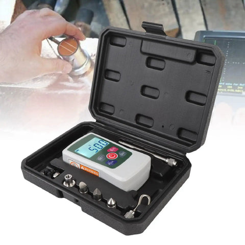 Portable 100n Push Pull Force Meter With Backlit Screen And Auto Shutdown All Around Digital Force Tester For Precise Tension And Compression Easy Readout For Lab And Field Testing, open case with accessories