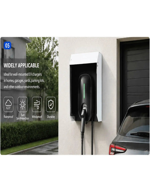 Heavy Duty EV Charger Weather Cover Wall Mounted Outdoor Charging Station Rain Shield Rust Proof Steel Housing Built Like Iron with charger.
