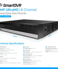 Black 5MP UltraHD 8 Channel DVR Security System For Analog Cameras with technical specifications, remote access capable.