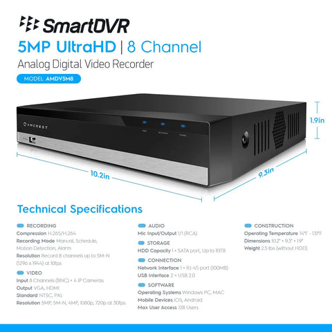 Black 5MP UltraHD 8 Channel DVR Security System For Analog Cameras with technical specifications, remote access capable.