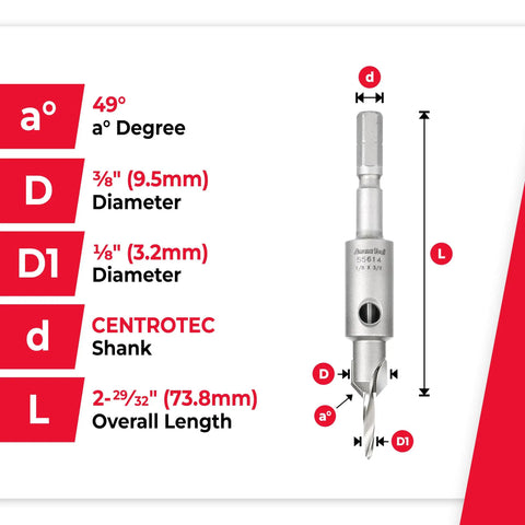 Beefy Carbide Tipped 82 Degree Countersink Drill Bit dimensions showing 49 degree angle, 3/8 inch diameter, 2-29/32 inch length.