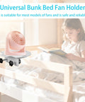 Universal Bed Fan Holder With Solid Grip Clamps Adjustable Bracket. Mounted on bunk bed, suitable for various fan models.