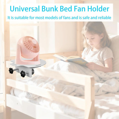 Universal Bed Fan Holder With Solid Grip Clamps Adjustable Bracket. Mounted on bunk bed, suitable for various fan models.