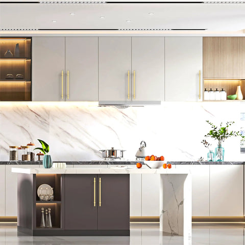 10 Pack 10 Inch Brushed Gold Cabinet Pulls For Kitchen Cabinets And Cupboards, Gold Cabinet Handles, installed on kitchen cabinets