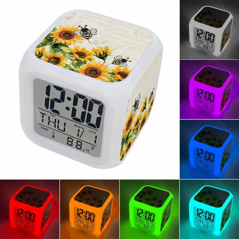 Vintage Yellow Sunflower Bees Digital Alarm Clock Silent Tickless Cube With Temperature Display And Snooze Plus Soft Glow.