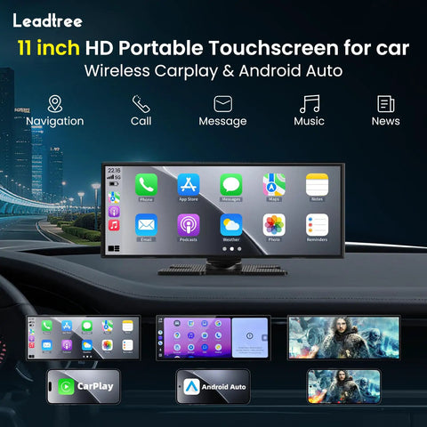11 inch HD touchscreen with Wireless CarPlay and Android Auto displayed in car dashboard, navigation and apps visible