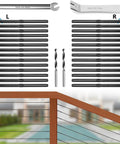 Black T316 Stainless Steel 70 Pack Left and Right Hand Thread Swage Lag Screws for Wood Posts One Eighth Inch Cable Railing Kit With Wrench and Drill Bits Included, displayed with installation tools.