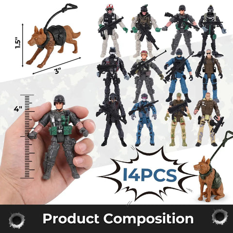 12 Piece Elite Army Men Action Figures Set With Working Military Dogs And Weapons Accessories for Kids, soldier and dog sizes