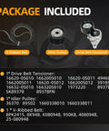 Package contents for Beefed-Up Serpentine Belt Tensioner Kit With Idler Pulley And V Ribbed Belt for Toyota and Lexus V8 SUVs.