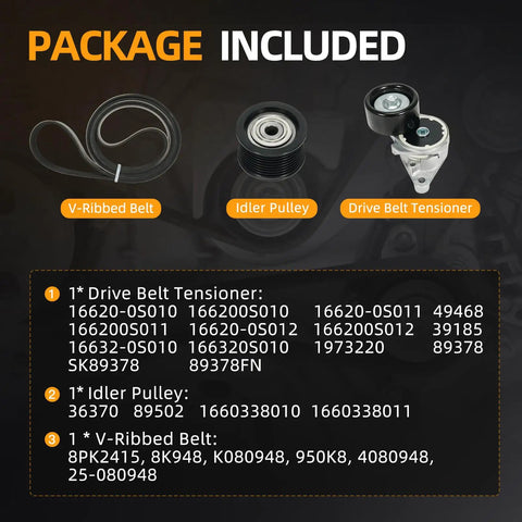 Package contents for Beefed-Up Serpentine Belt Tensioner Kit With Idler Pulley And V Ribbed Belt for Toyota and Lexus V8 SUVs.