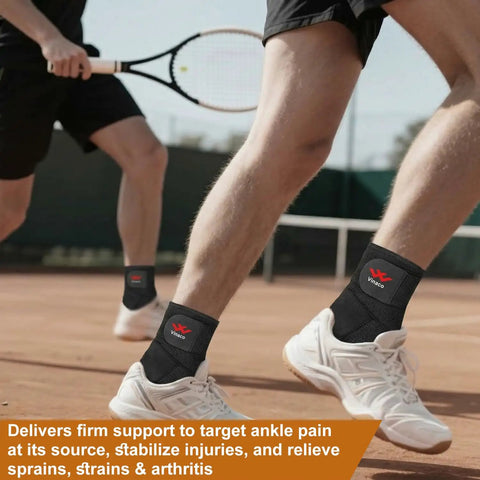 Two Pack Breathable Ankle Brace For Sprained Ankles With 360 Degree Support And Adjustable Compression Wrap shown on tennis players