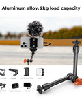 9.8 Inch Magic Arm Clamp Kit with 360 Degree Ball Heads showcasing capacity to hold camera and microphone on tripod outdoors.