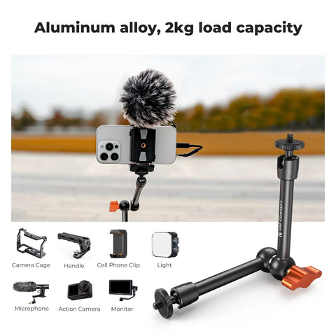 9.8 Inch Magic Arm Clamp Kit with 360 Degree Ball Heads showcasing capacity to hold camera and microphone on tripod outdoors.