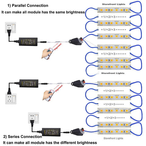 Blue Storefront LED Light Strips 40 Ft 80 Piece 5054 SMD Modules 4 Sets For Shop Windows Ultra Bright Ad Signs connection setup