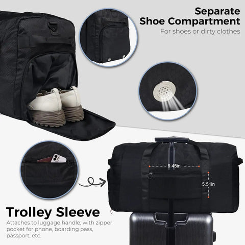 65L Duffle Bag With Shoes Compartment, Foldable Travel Duffel for Men and Women on luggage, featuring shoe compartment and pockets
