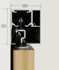 Side view of Six Foot Sliding Barn Door Track Kit With Aluminium Box Rail Wall Mounted Hidden Hardware For Modern Doors Easy To Install Low Clearance With Soft Close Trolleys And End Caps Supports Doors Up To 130 Lbs For Heavy Duty Performance showing internal structure and materials.