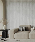 Peel And Stick White And Gray Wood Shiplap Wallpaper 17.7 By 118 Inches behind modern beige sofa in living room setup