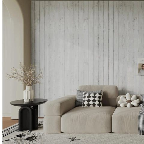 Peel And Stick White And Gray Wood Shiplap Wallpaper 17.7 By 118 Inches behind modern beige sofa in living room setup