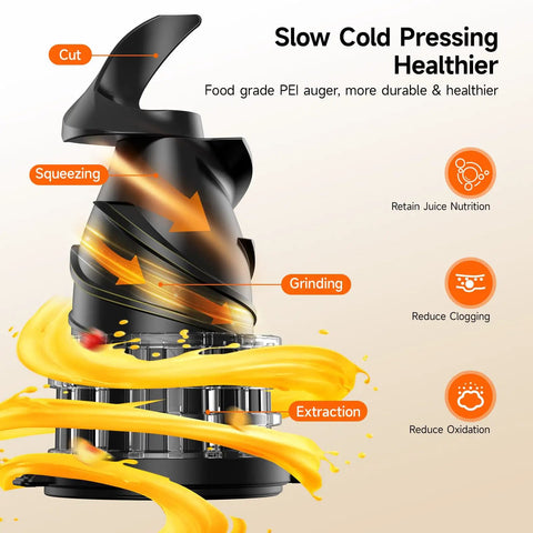 This Super Quiet 400W Cold Press Juicer Boasts A Massive 5.8 Inch Wide Chute For Fast And Easy Prep, showing food-grade PEI auger.