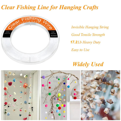 Ultra Clear Monofilament Fishing Line Wire 0.45 mm Nylon Invisible String For Fishing Balloons Garlands Crafts And Decorations 230 M 755 Ft Strong Smooth Transparent And Nearly Invisible displayed with craft usage examples