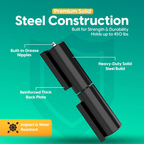 Heavy Duty 7 Inch Weld On Gate Hinges Black Barrel 2 Pack For Metal Gates And Trailer Gates 1.38 Inch Barrel 0.87 Inch Pin 1102 Lb Capacity Each Wrought Iron Weld On Hinges For Rugged Gate Performance Bisagras Para Puertas De Metal showing solid steel construction and grease nipples.