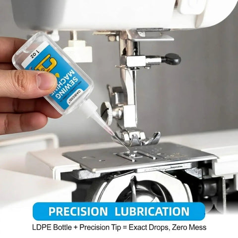 Applying Clear Residue Free 1oz Fine Light Sewing Machine Oil with applicator for smooth needle bar lubrication