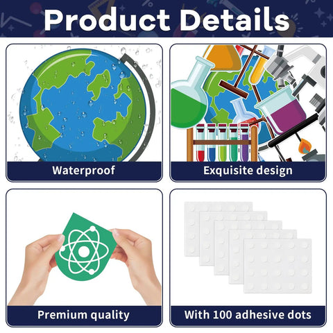 56Pcs Science Bulletin Board Decorations Set with lab-themed cutouts and adhesive dots showing quality and design features.