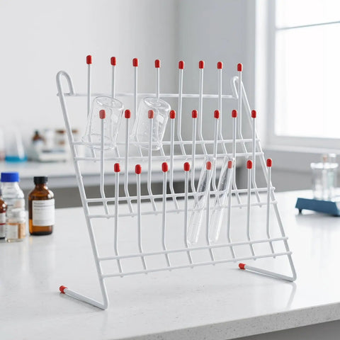 Durable Metal Lab Beaker Drying Holder And Test Tube Rack Draining Stand For Glassware Organization 11x11 Inch with red tips.