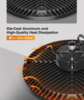 Close-up of Killer Bright UFO High Bay Light 200W showing die-cast aluminum heat dissipation design with 5ft cable