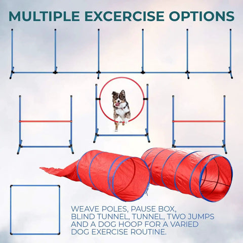 All Weather Dog Agility Training Set For Indoor Or Outdoor Fun with poles, jumps, tunnels and dog through hoop