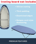 Smart Tabletop Ironing Board Cover And Pad For Small Mini Boards 12.5 By 30 Inch Fits Standard Small Board With Extra Thick Padding Elastic Cord Heat Resistant No Hassle Placement Blue with silicon coating and elasticized edges shown