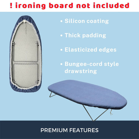 Smart Tabletop Ironing Board Cover And Pad For Small Mini Boards 12.5 By 30 Inch Fits Standard Small Board With Extra Thick Padding Elastic Cord Heat Resistant No Hassle Placement Blue with silicon coating and elasticized edges shown