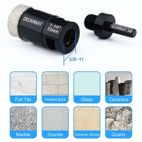 Diamond core drill bit pair from DECKKRKAT: 1-1/4 in hole saw with 5/8-11 thread and 3/8 in hex shank